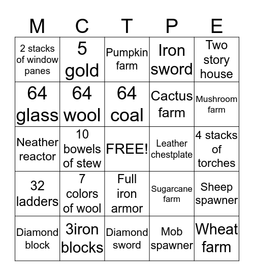 Minecraft pe bingo sheet Bingo Card