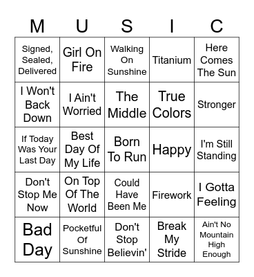 Motivational Music Bingo Card