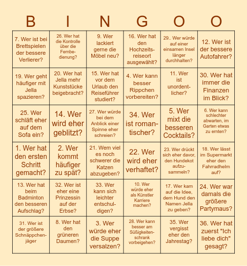 Andys und Marens Hochzeits-Bingo Card