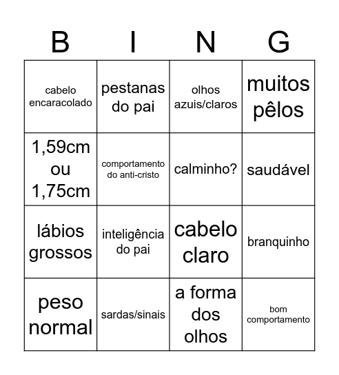 primeiro filho/a Bingo Card