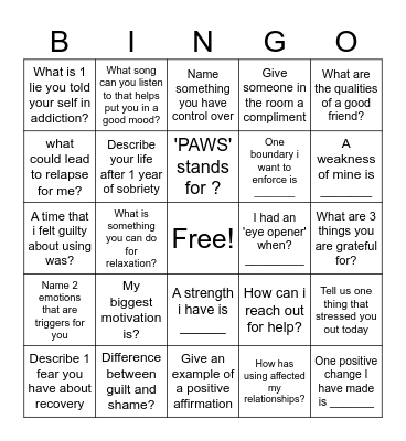 Recovery Bingo Card