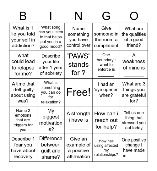 Recovery Bingo Card