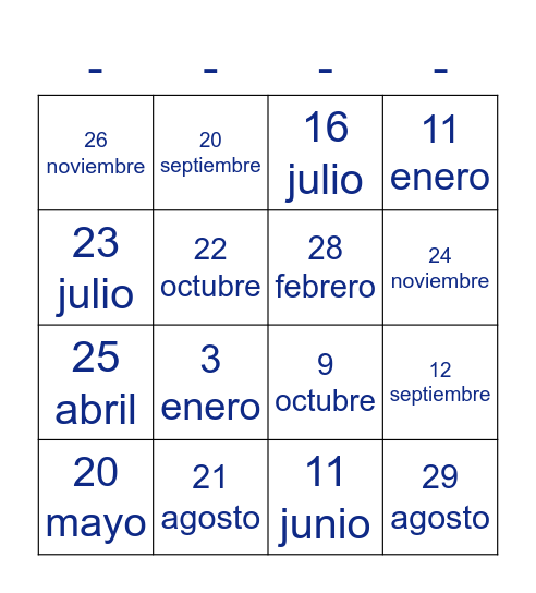 Mi cumpleaños es el __ de ____ Bingo Card