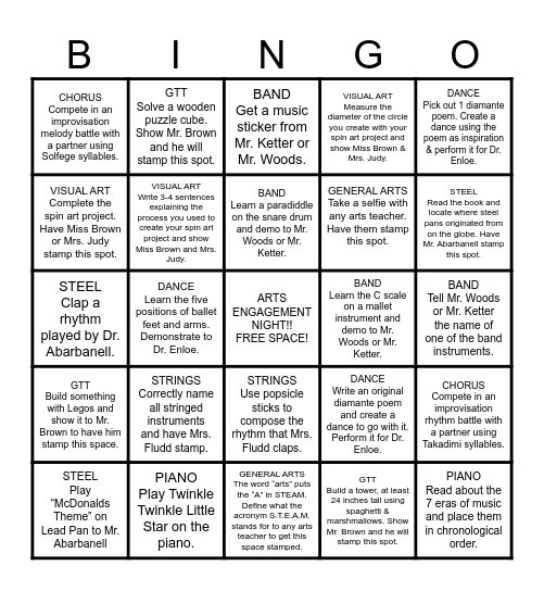 TITLE 1 PRESENTS: ARTS ENGAGEMENT BINGO NIGHT! Bingo Card