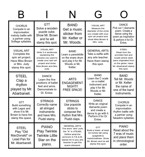 TITLE 1 PRESENTS: ARTS ENGAGEMENT BINGO NIGHT! Bingo Card