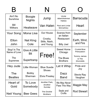 Lesa's Hits of a Lifetime Birthday Bingo Card