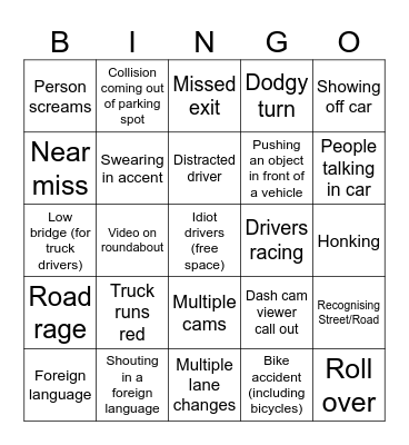 Dash Cam Owners Bingo Card