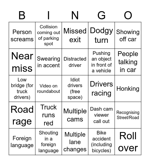 Dash Cam Owners Bingo Card