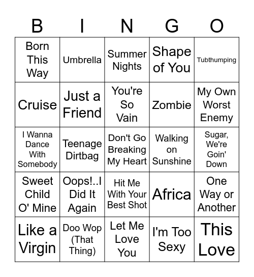 Karaoke Hits Music Bingo #1 Bingo Card