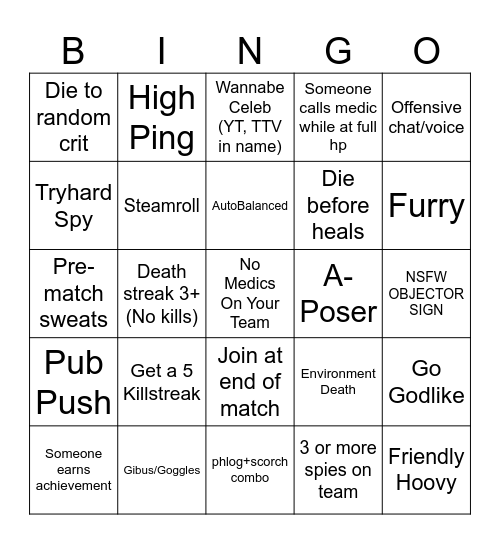TF2 CASUAL BIINGO Bingo Card
