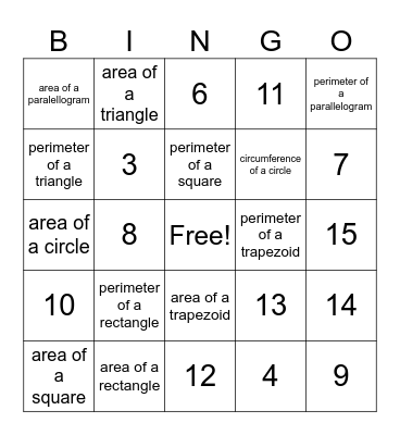 Pre Algebra Bingo Card