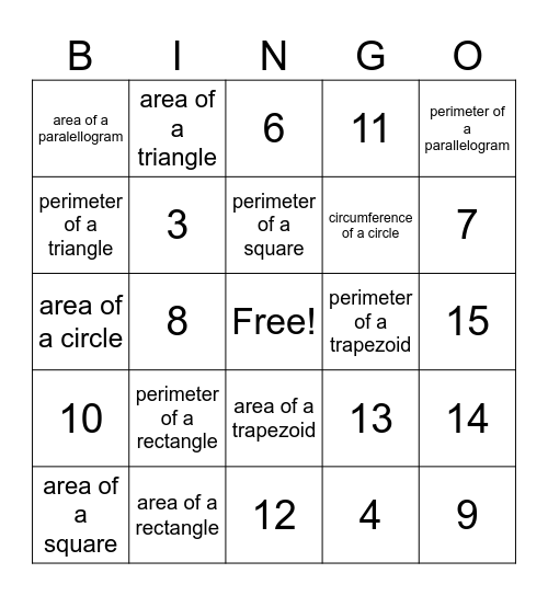 Pre Algebra Bingo Card