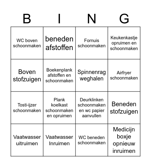 Schoonmaak Bingo Card