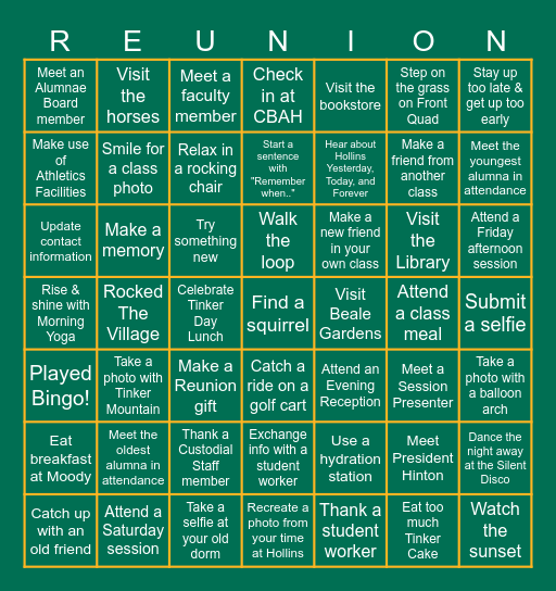 Hollins Reunion 2025 Bingo Card