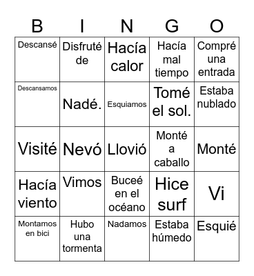 ¿Qué hiciste en tu viaje? Bingo Card