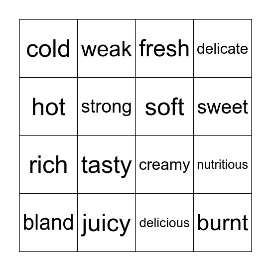 Start Up 3 Unit 6 Lesson 1: "Adjectives to describe food" Bingo Card