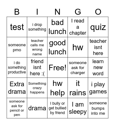 School Bingo Card