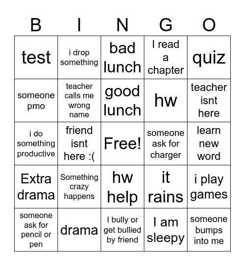 School Bingo Card