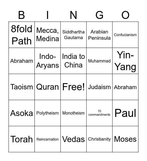 Religions Bingo Card