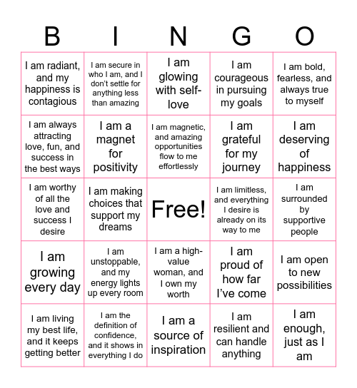 Self-Affirmation Bingo Card