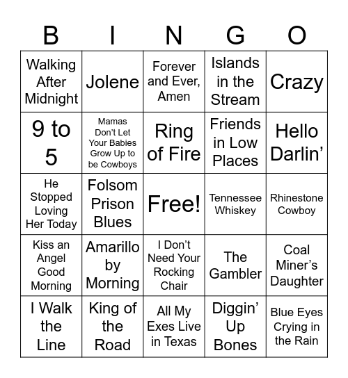 Country Music Bingo Card