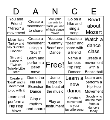 Dance Bingo Card