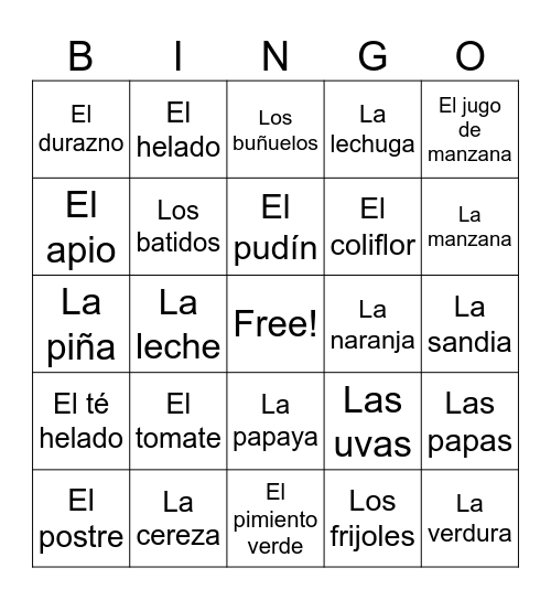 Verduras, Frutas, Bebidas y Postres Bingo Card