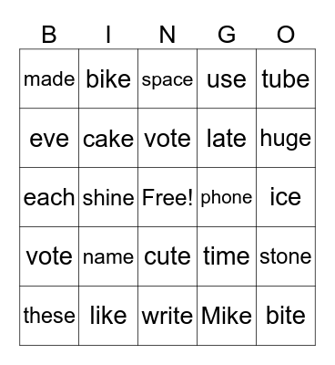 Long Vowel Bingo Card