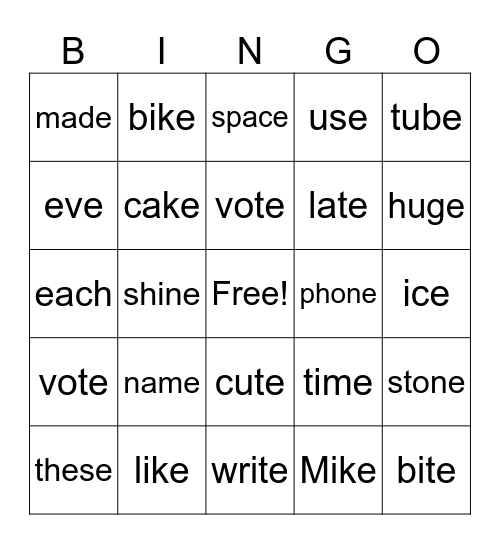 Long Vowel Bingo Card