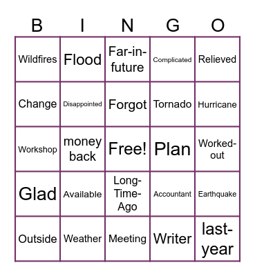Plans/Disasters/Weather Bingo Card