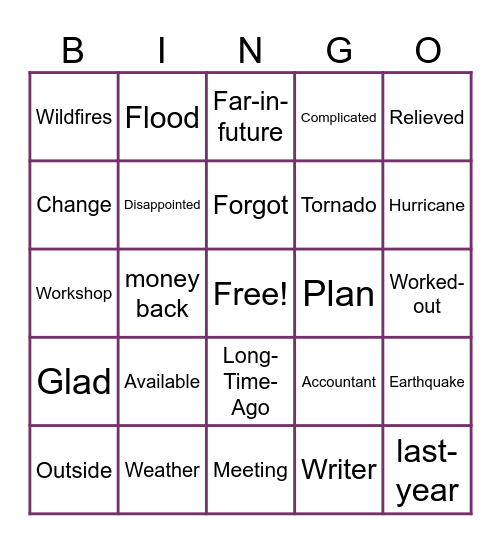 Plans/Disasters/Weather Bingo Card