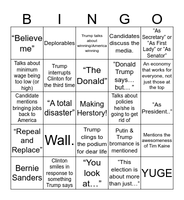 2016 Presidential Debate Bingo Card
