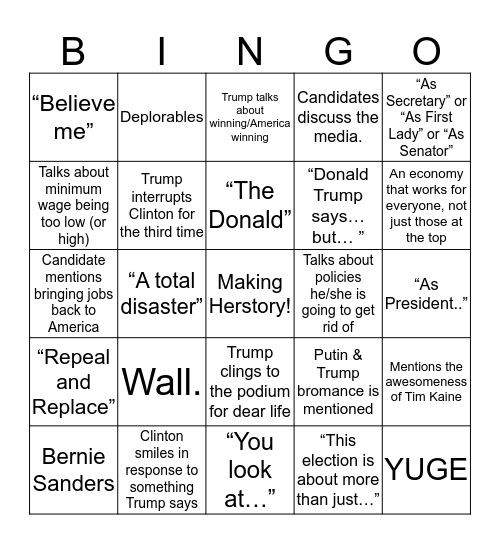 2016 Presidential Debate Bingo Card