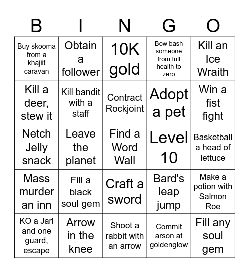 Skyrim Bingo Card