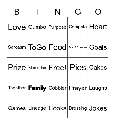 Family Game Day Bingo Card