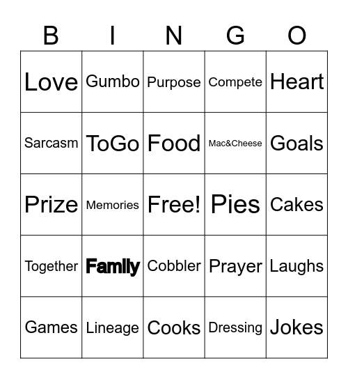 Family Game Day Bingo Card