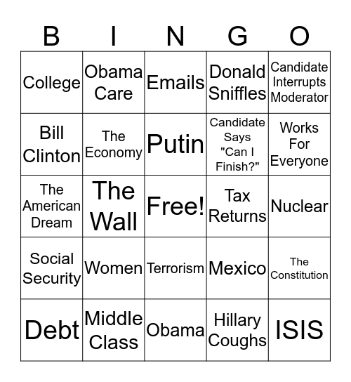 Presidental Debate Watch Party Bingo Card