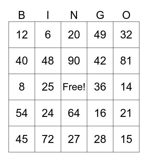 AREA of a Rectangle Bingo Card