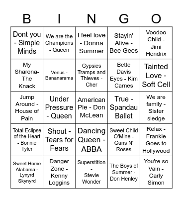70s and 80s Music Bingo Card