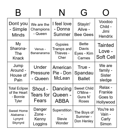 70s and 80s Music Bingo Card