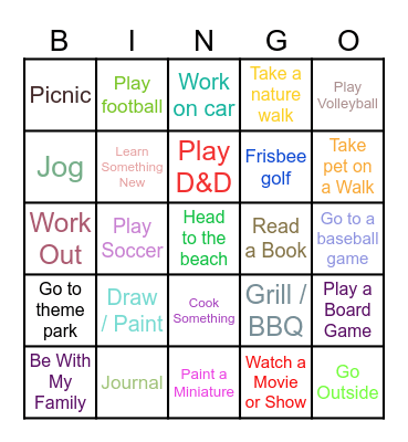 Spring Break Activities Bingo Card