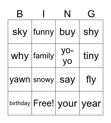 Y sounds Bingo Card