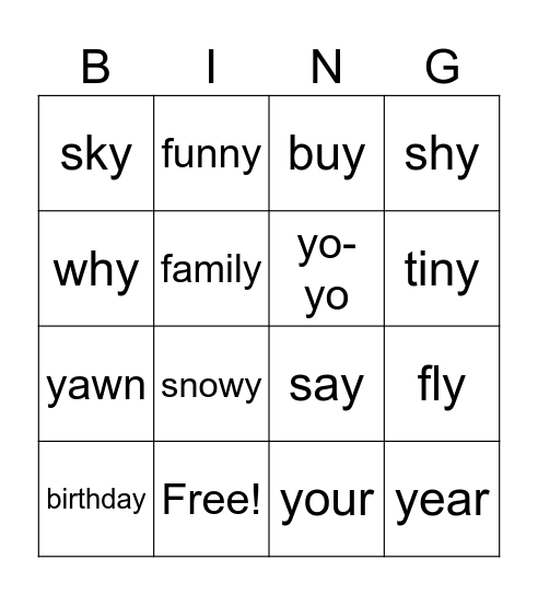 Y sounds Bingo Card