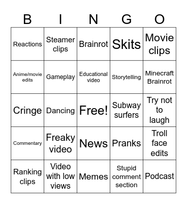 YouTube shorts Bingo Card