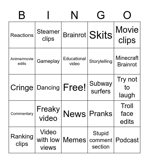 YouTube shorts Bingo Card