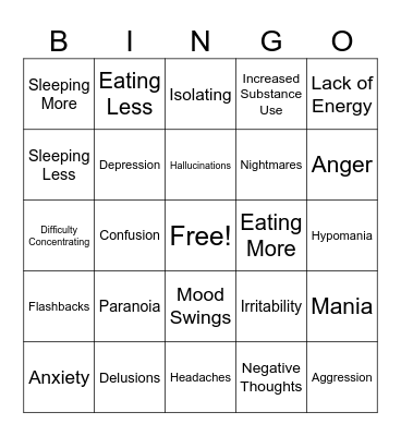 Mental Health Symptoms Bingo Card