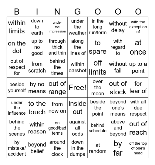 Prepositional Phrases Bingo Card