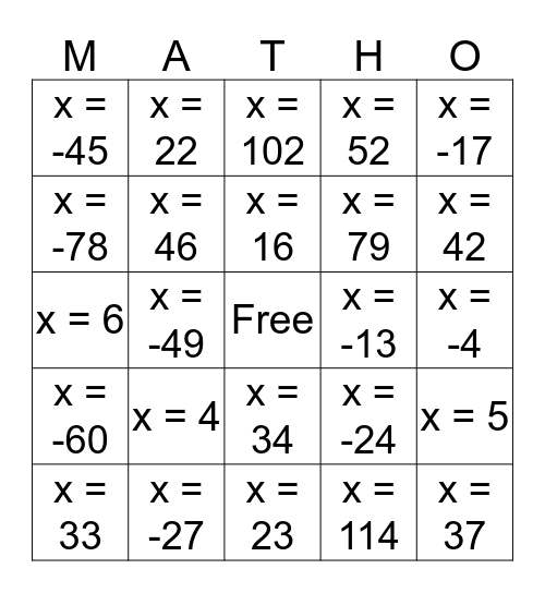 One Step Equations Bingo Card
