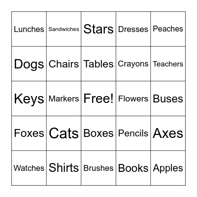 Plural Nouns Bingo Card