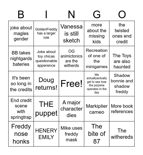 FNAF 2 Bingo Card